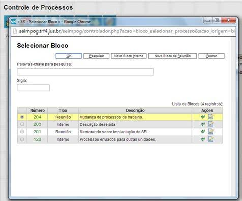 Ao salvar as informações, o sistema retorna para a tela anterior. Basta clicar em OK e os processos selecionados serão automaticamente inseridos no novo bloco.