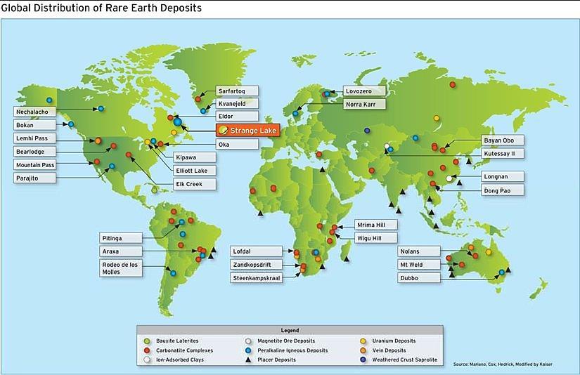 Global distribution of rare earth deposits.