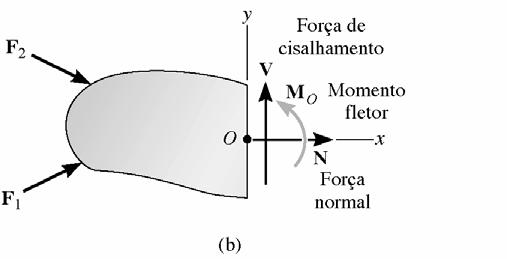 As duas partes do corpo são separadas, e o diagrama de corpo livre de uma das partes é desenhado.