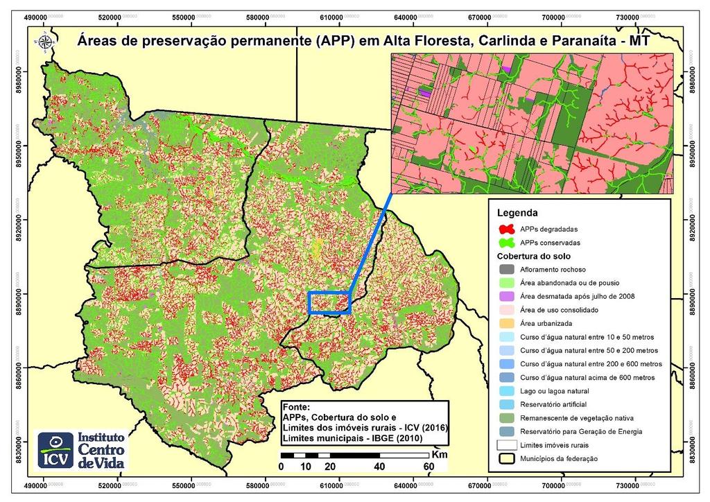 Figura 4. APPs conservadas e APPs degradadas nos municípios de Alta Floresta, Carlinda e Paranaíta em Mato Grosso.