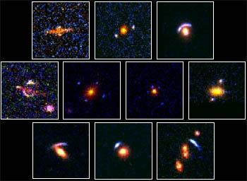 A figura acima ilustra várias lentes gravitacionais observadas com o Telescópio Espacial Hubble.