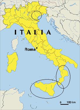 Proveniência geográfica, 1988 Veneto - 12% Calábria - 18,8% Sicília - 17,6% Outras -
