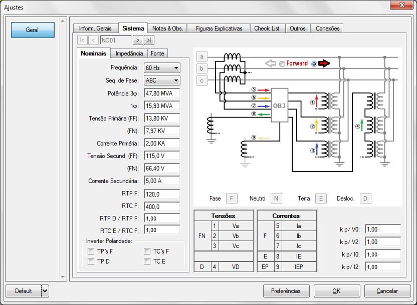 3.3 Sistema INSTRUMENTOS PARA TESTES ELÉTRICOS Na tela a seguir dentro da sub aba Nominais são configurados os valores de frequência, sequencia de fase, tensões primárias e secundárias, correntes