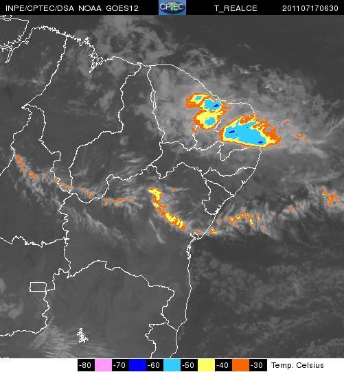 Na imagem da figura nota-se que a nebulosidade na região de Goiana-PE atinge topos