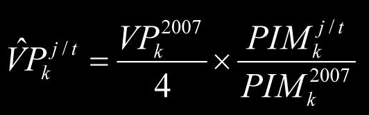 aplicação destas taxas de variação ao valor da produção do ano de 2007, dividindo-se o resultado por quatro, para se chegar a um valor trimestral.