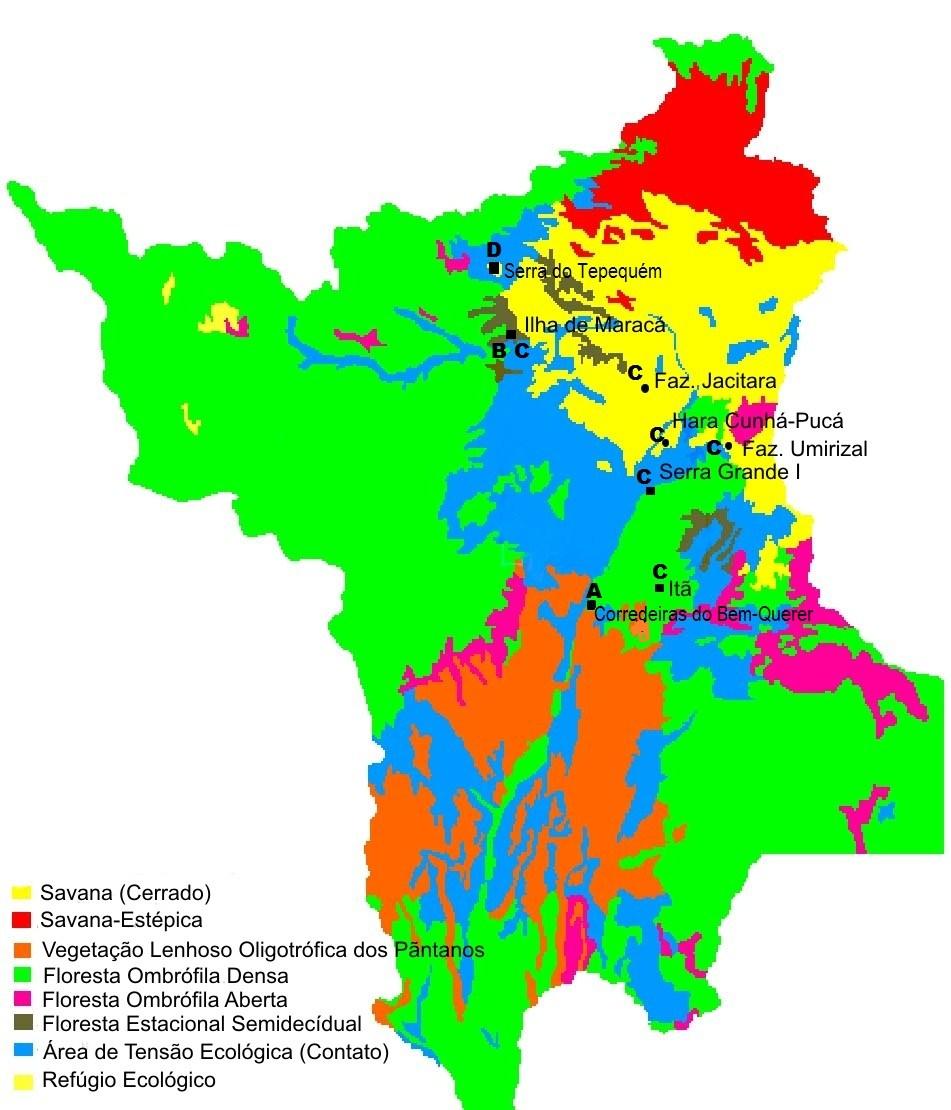Figura 2. Mapa da vegetação do estado de Roraima assinalando os locais de estudo. A. Silva (2002), B. Nemésio (2005), C. Maia e Silva (2008) e D. (2013).