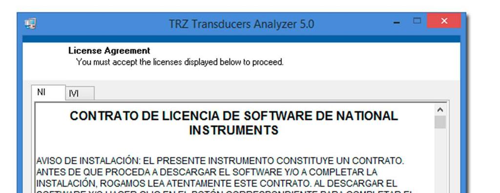 Passo 06 Aceite os acordos de licença do Software TRZ e da National Instruments.