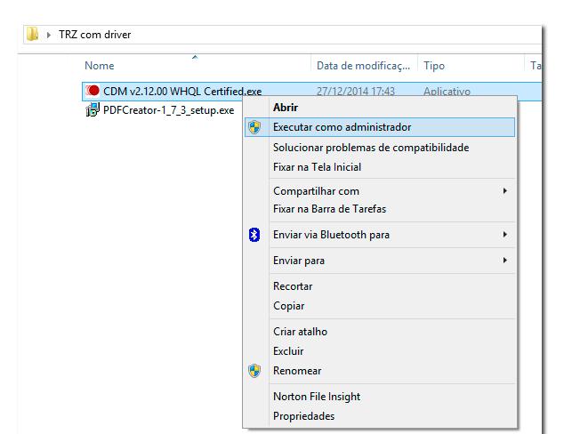 Passo-a-passo para a instalação manual do driver de comunicação do Analisador TRZ: Passo 01 Execute como administrador o arquivo CDM v2.12.00 WHQL Certified.