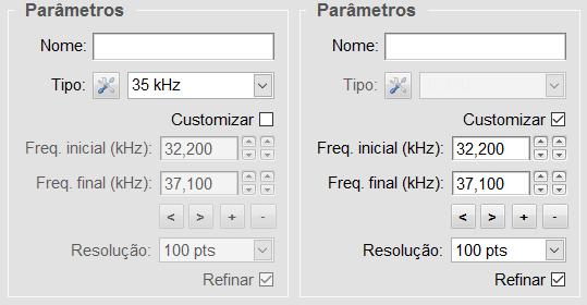 Ação 04 Otimize a faixa de frequência: Marque o checkbox Customizar para liberar o acesso à configuração manual dos parâmetros da medição, configure as frequências para centrar e ajustar a curva no