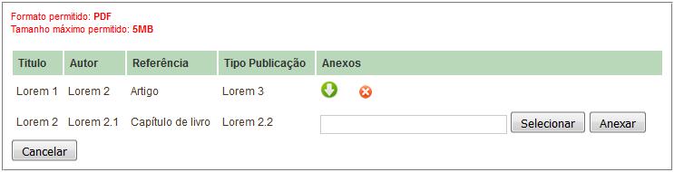 Caso o usuário deseje efetuar o download do documento poderá clicar em. Caso deseje excluir o documento para anexar algum outro, ele poderá efetuar esta exclusão clicando em. 4.2.