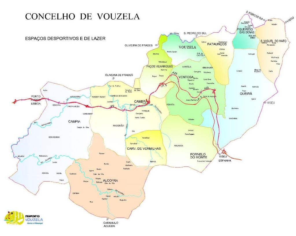 continente nacional entre o Sul e o Norte, assim como o litoral e o interior, situando-se entre os distritos de Aveiro a ocidente, Guarda a oriente e Coimbra a sul.