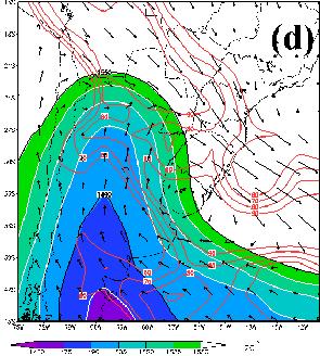 (d), (e), (f): ESP850_700 (sombreado apenas para valores abaixo de 1550m), umidade relativa média na camada entre 850-700hPa (contornos apenas para valores 60%, em