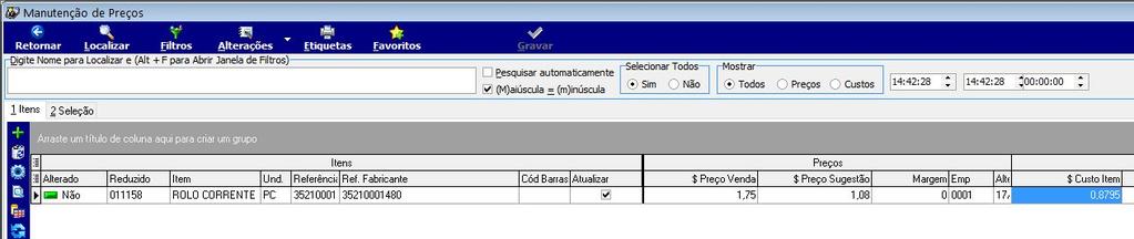 Ao clicar em Localizar o sistema apresenta os itens com o registro de alteração pela data Alteração Preço conforme filtro Ultima Alt de custos, Figura 15.