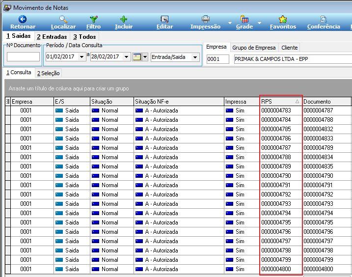 Figura 27 Grade com coluna informação da RPS. 6.