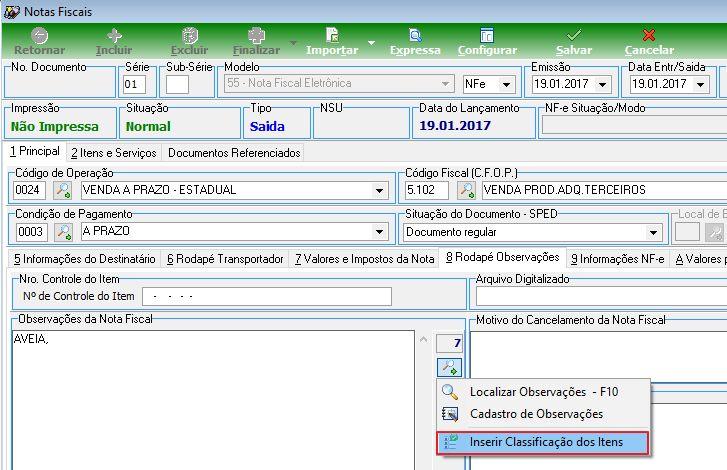 Figura 28 Emissão de Nota Fiscal - Classificação nas Observações. 6.