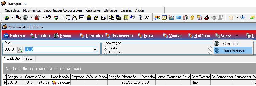 9.2 0000185160 - TRANSFERÊNCIA DE PNEUS PARA SUCATEAMENTO No Movimento Pneus, criada opção para transferir