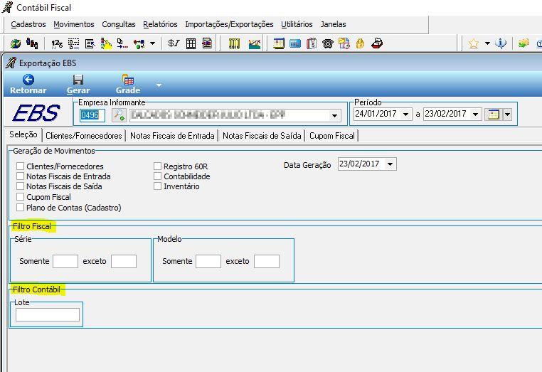 Incluídos filtros na opção de exportação de arquivo TXT padrões EBS e Teorema para: Modelo do documento (NF-e, OD, SE) e número