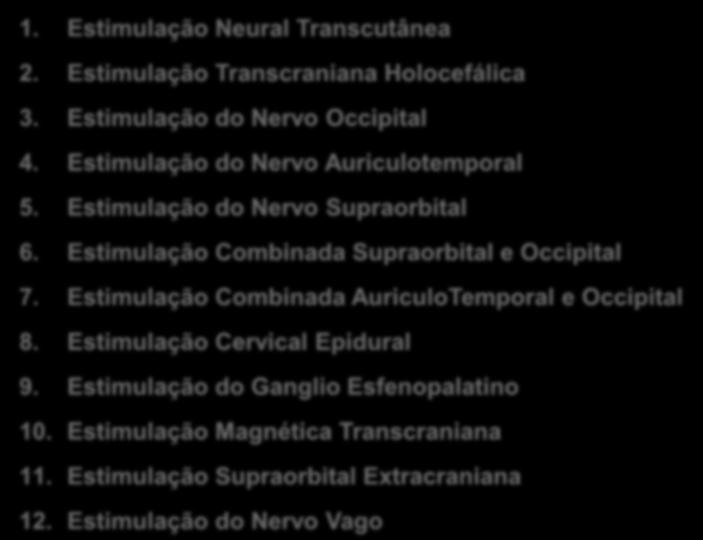 Modalidades de Neuroestimulação para Cefaléias 1. Estimulação Neural Transcutânea 2. Estimulação Transcraniana Holocefálica 3. Estimulação do Nervo Occipital 4.