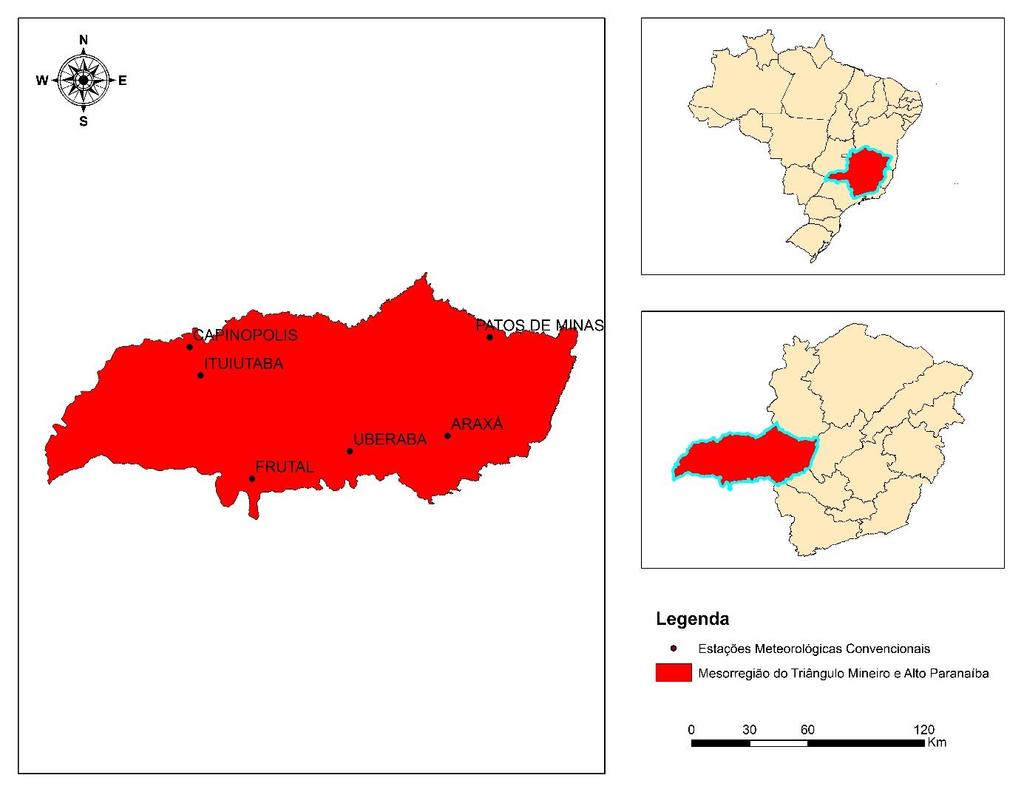Na caracterização climática foram utilizados os dados das estações convencionais do Instituto Nacional de Meteorologia (INMET), período de 1985 a 2015 localizadas nos municípios Araxá (83579),