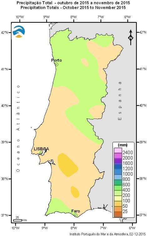 Precipitação acumulada desde 1 de outubro de 2015 Os valores da quantidade de precipitação acumulada no período entre 1 de outubro e 30 de novembro de 2015 variam entre 76 mm em Viana do Alentejo e