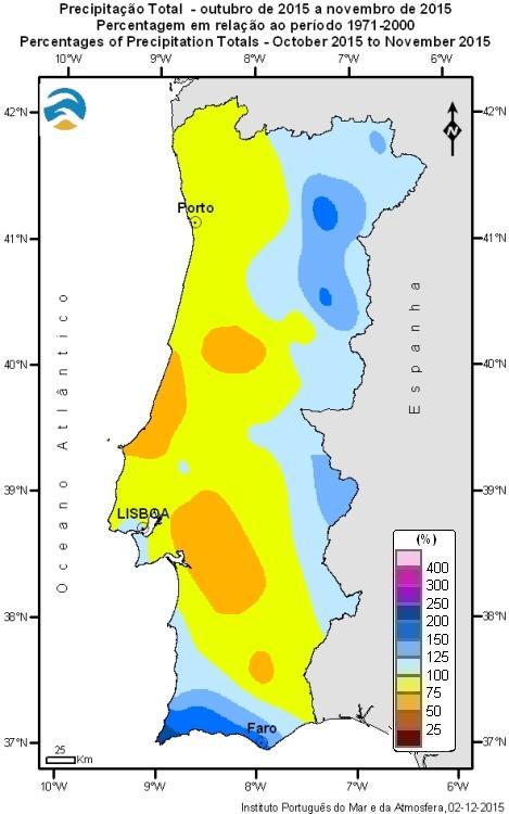 Os valores da quantidade de precipitação em relação ao valor médio no período 1971-2000 variam entre 53 % em Viana do Alentejo e 256 % em Sagres (Figura 2 dir.).