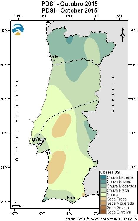 No início do ano hidrológico 2015/16 e de acordo com o índice meteorológico de seca PDSI 2, no final de outubro a situação de seca meteorológica que se verificava no final de setembro, terminou em