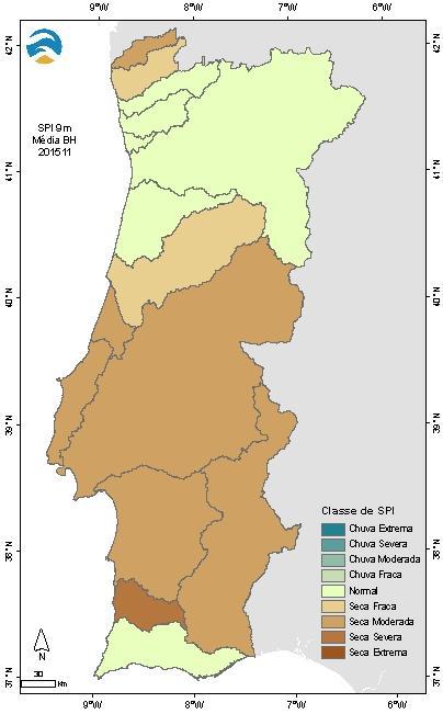 Verifica-se que houve um agravamento e um aumento da intensidade da situação de seca em relação ao final de outubro nomeadamente nas bacias do Centro e Sul do território. SPI 9 m Mar. a Nov.