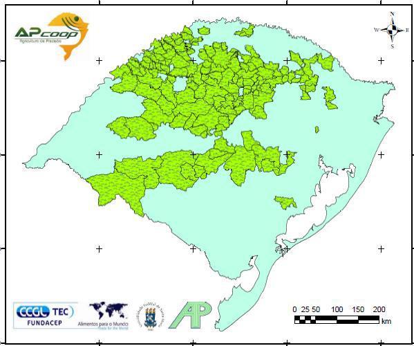 Projeto APcoop: Agricultura de Precisão no Sistema Cooperativo do Rio Grande do Sul Figura 3. Área de abrangência da adoção da agricultura de precisão no sistema cooperativo do RS. CCGL TEC/UFSM.