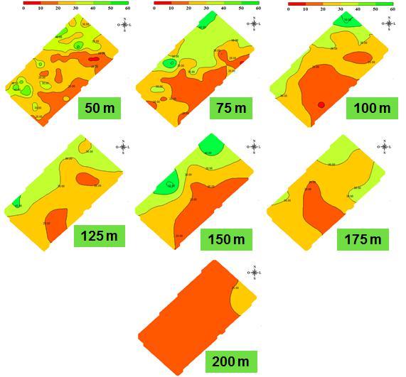 Amostragem de solo na agricultura de precisão Como pode ser visualizado, o gradativo aumento da dimensão da malha amostral promoveu significativa redução do número de amostras.