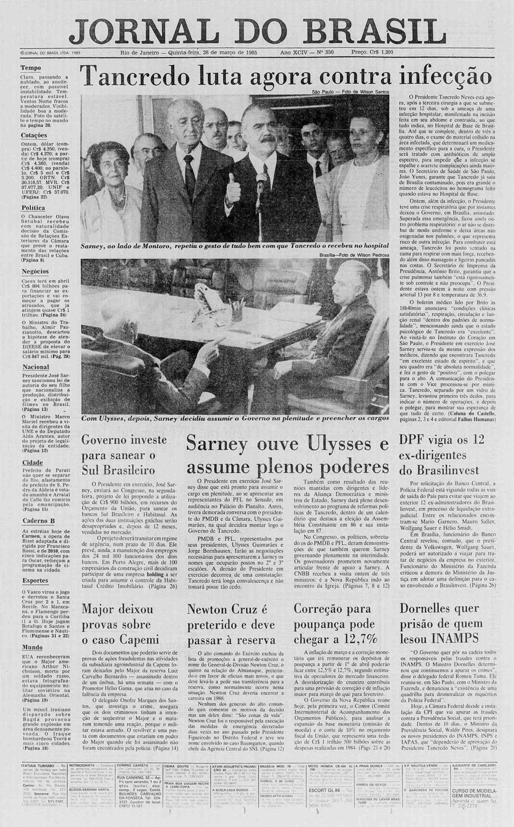 JORNAL DO BRASL jornal do brasil ltda 1985 Rio de Janeiro Quintafeira, 28 de março de 1985 Ano XCV N 350 Preço: Cr$ 1.200 Tempo Claro, passando a nublado, ao anoitecer, com possível instabilidade.