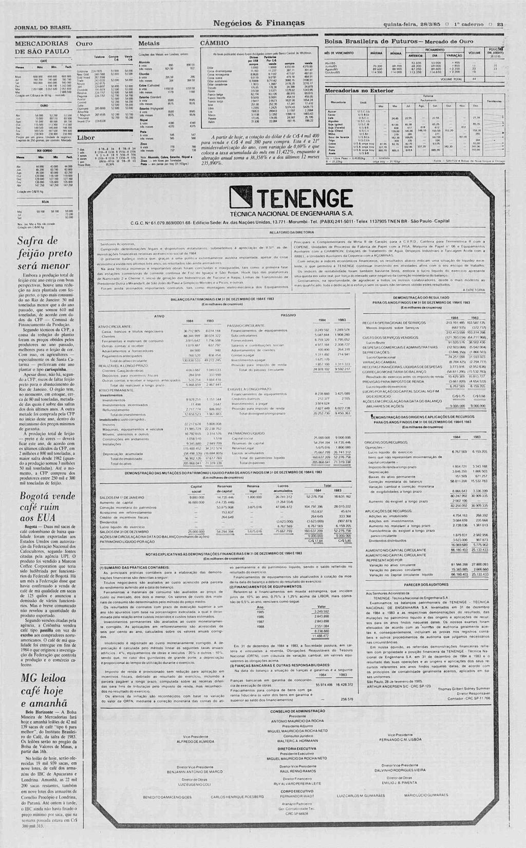 JORNAL DO BRASL Negócios & Finanças quintafeira, 28/3/85 o o caderno n 23 MERCADORAS Ouro Metais CAMBO Bolsa Brasileira de Futuros Morcado de Ouro fechaminto [posicotf DE SÃO PAULO Tolofon* Compr*