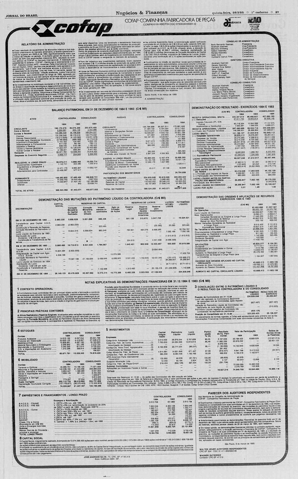 Neffocios Finangas S8/3/85 a 1 oaderno Negócios & Finanças quintafoira, 88/3/85? o caderno? 27 JORNAL DO BRASL BRAS1L.. jmt m COPAPCOMPANHA PECAS "jjg.