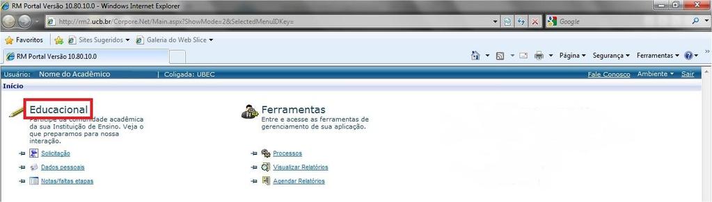Tela Inicial do Portal Acadêmico.