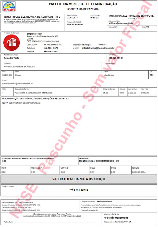 Atenção: O rascunho impresso não possui validade jurídica, pois ainda não foi convertido em NFS-e.