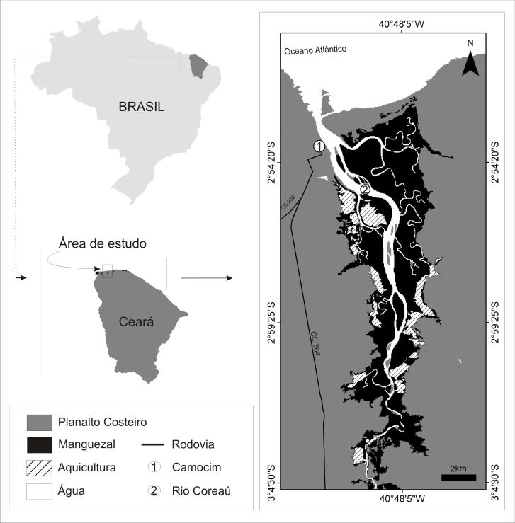 2. ÁREA DE LOCALIZAÇÃO O estuário do rio Coreáu (Figura 01) esta localizado no litoral oeste do Estado do Ceará, integra a Microrregião litoral de Camocim com uma extensão do manguezal de 20km² tendo