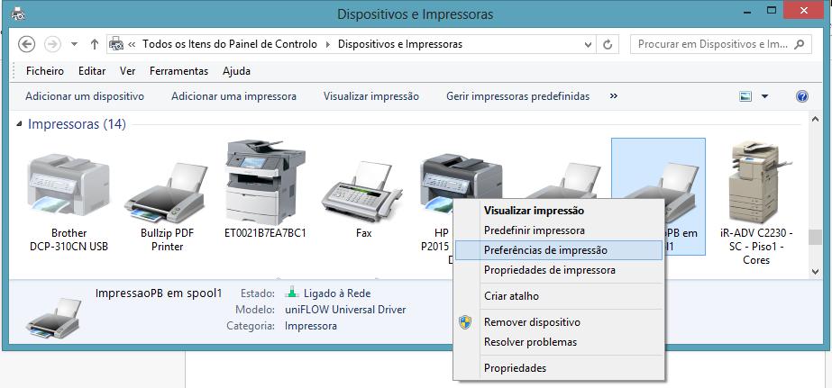 As Propriedades de Impressão apresentam as opções de acordo com o controlador instalado.