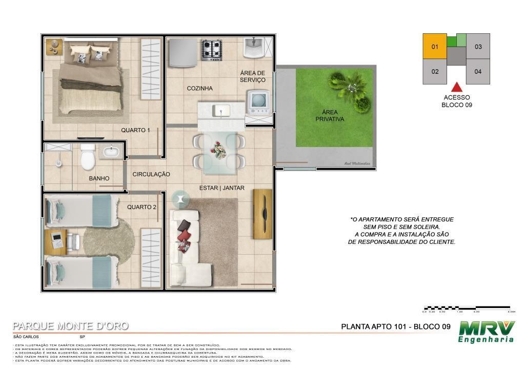 Planta Apartamento de 2 dormitórios com área privativa Esta ilustração tem caráter exclusivamente promocional por se tratar de bem a ser construído.