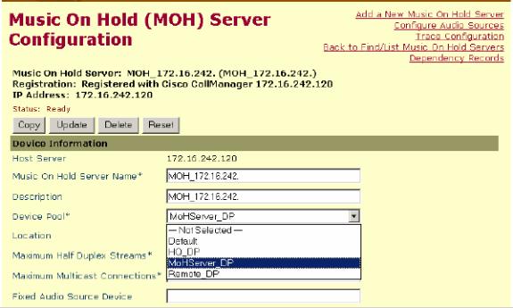 Passo 6: Coloque o server de MoH no pool de dispositivos do MoHServer_DP Selecione o serviço > os recursos de mídia e selecione o server de MoH.