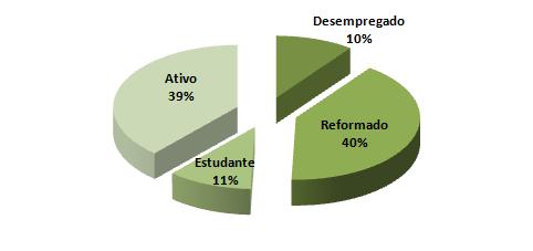 Distribuição dos utentes por "situação profissional" No que diz respeito à "situação profissional" verifica-se que o maior grupo é a população que se encontra aposentada/reformada com 40%, seguido da