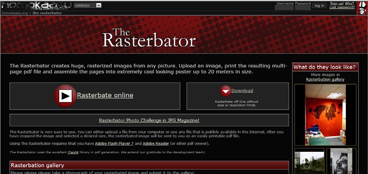 Manual e Guia de Utilização e Exploração do Rasterbator (Web 2.0) 1. Para termos acesso a esta ferramenta, devemos digitar o seguinte endereço browser da Internet: http://homokaasu.org/rasterbator/ 2.