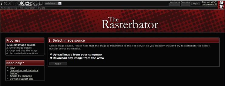É dada a informação de que o Rasterbator cria enormes, imagens rasterized a partir de qualquer imagem.