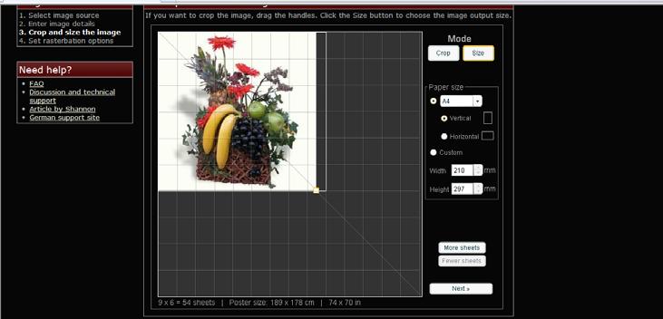 enquadramento e ajuste às folhas de impressão, podemos recortar a imagem clicando em Crop.