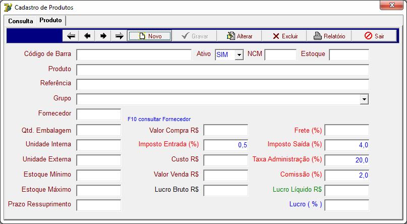 Sub-módulo Produto. 1-Clicar em botão Novo para adicionar um cliente. 2-Preencher os dados do cliente, em seguida clicar no botão Gravar e, ao final, clique botão Sair.