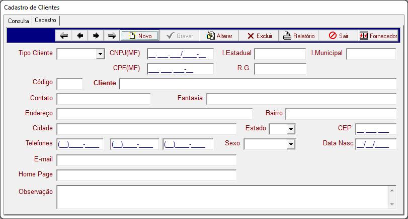 Sub-módulo Cadastro. 1-Clicar em botão Novo para adicionar um cliente. 2-Preencher os dados do cliente, em seguida clicar no botão Gravar e, ao final, clique botão Sair.