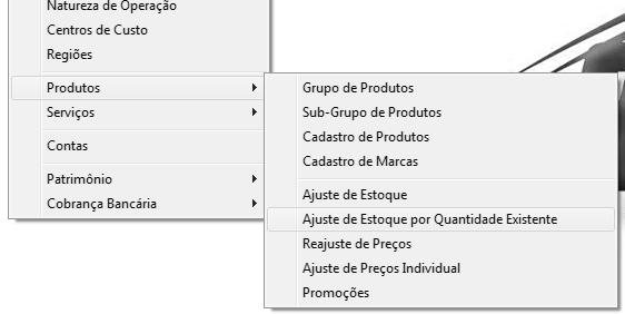 Ajuste de estoque por Quantidade Existente A tela de Ajuste de Estoque por Quantidade Existente pode ser localizada através do menu Cadastros > Produtos > Ajuste de Estoque por Quantidade Existente,