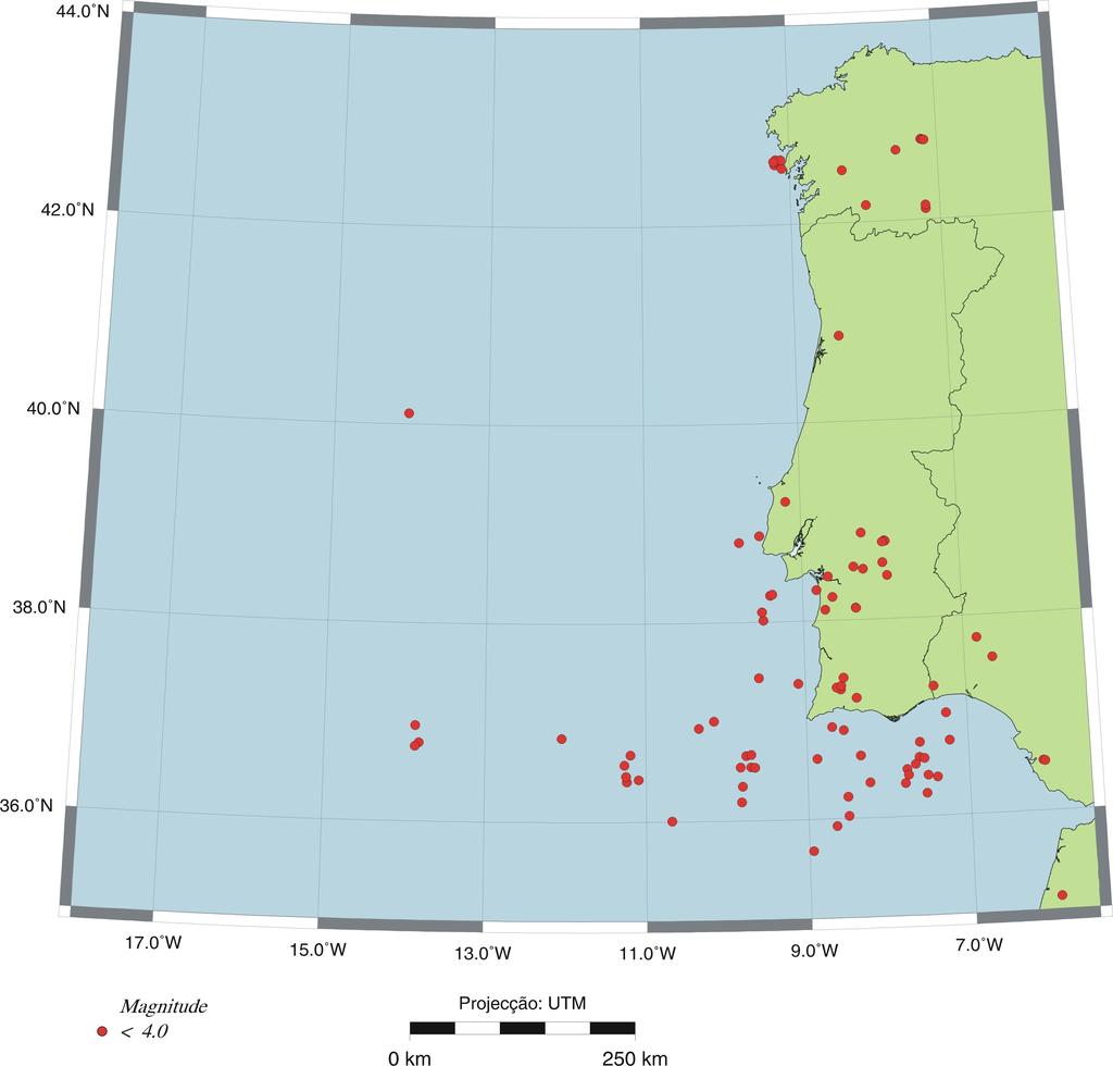 Na Figura 3 apresenta-se o mapa de sismicidade do continente e área adjacente. A maior parte desta sismicidade (designada sismicidade interplacas) ocorreu a SW do Cabo S.