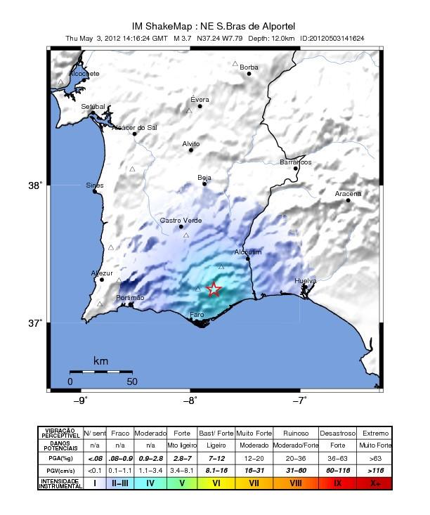 Resumo da Sismicidade - Continente e Região Adjacente No mês de maio foram sentidos dois sismos. O primeiro ocorreu no dia 3 de maio às 1:16 (UTC), com magnitude local 3.7, epicentro a NE de S.