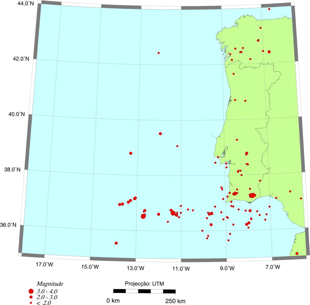 Na Figura apresenta-se o mapa de sismicidade do continente e área adjacente. A maior parte desta sismicidade (designada sismicidade interplacas) ocorreu a SW e SE do Cabo S.