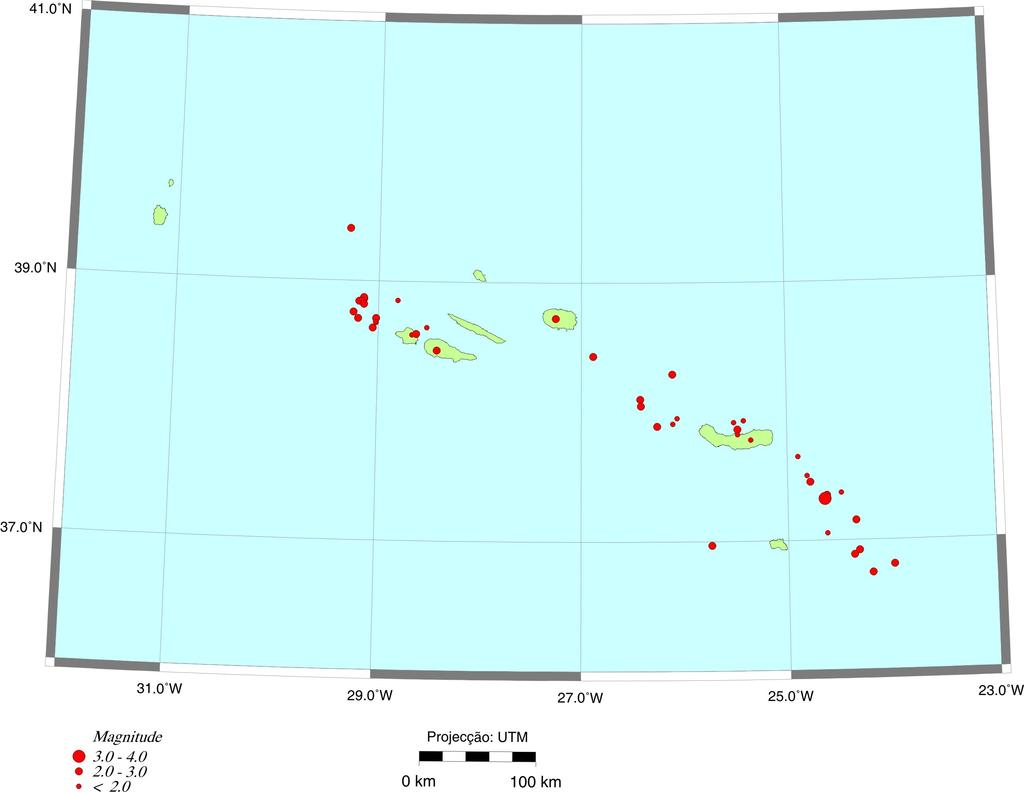 Na Tabela 2 apresenta-se a informação referente ao único sismo com epicentro no arquipélago da Madeira e região adjacente. Os parâmetros listados na tabela são idênticos aos da Tabela 1. Tabela 2. Listas de sismos no Arquipélago da Madeira e área adjacente maio 2012 Data 2012-0-17 Hora Latitude Longitude Prof Mag (ML) 03:12: 3-16.