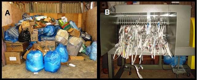 resíduos e inutilizar documentos oficiais. Figura 2 Armazenamento dos resíduos de papel e papelão e picotadora utilizada.